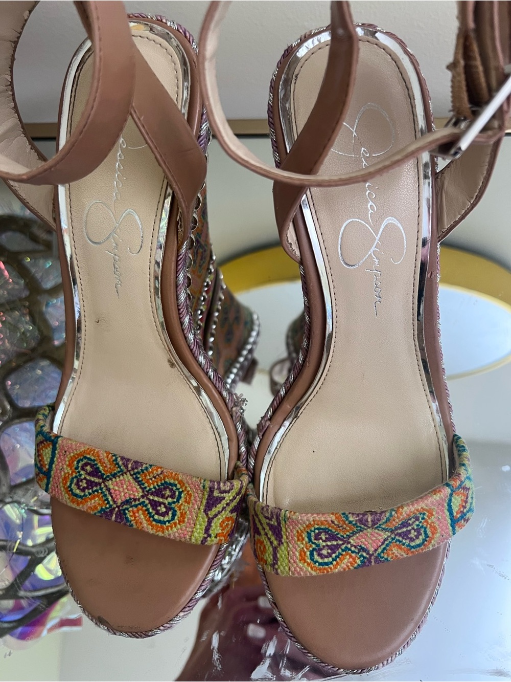 Jessica Simpson Multicolor Beaded Strap Tan Platform Sandals